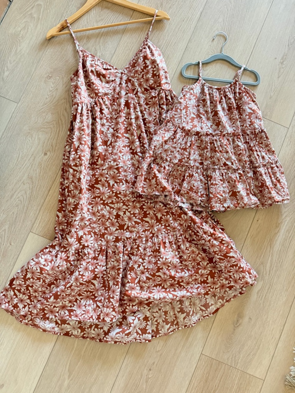 Matching Floral Midi Dress & Baby Dress -  Brown Rust Daisy Print